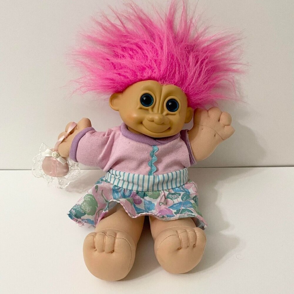 Vintage Russ Plush Troll Toy Doll with Purse Floral Dress 10 Inch Tall